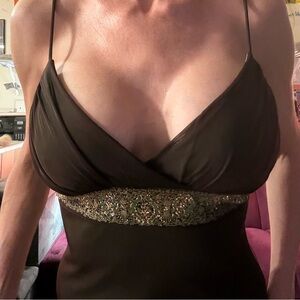 Elegant Brown sheer dress over olive green with gold band bodice